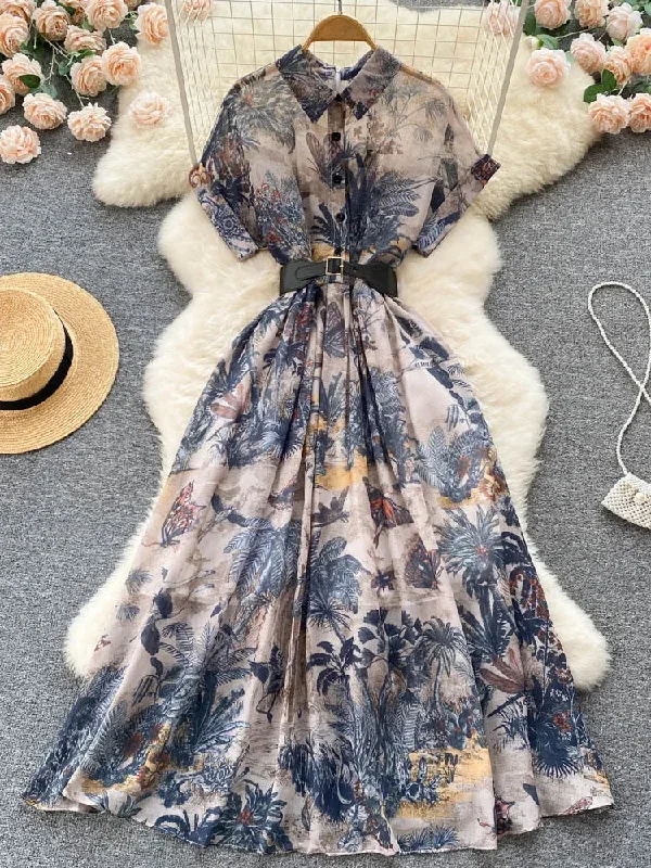 Wjczt Women Vintage Party Dress Summer French Elegant Print Dress Ladies High Waist Retro Single Breasted Belt Casual Long Dress Tunics Cozy soft
