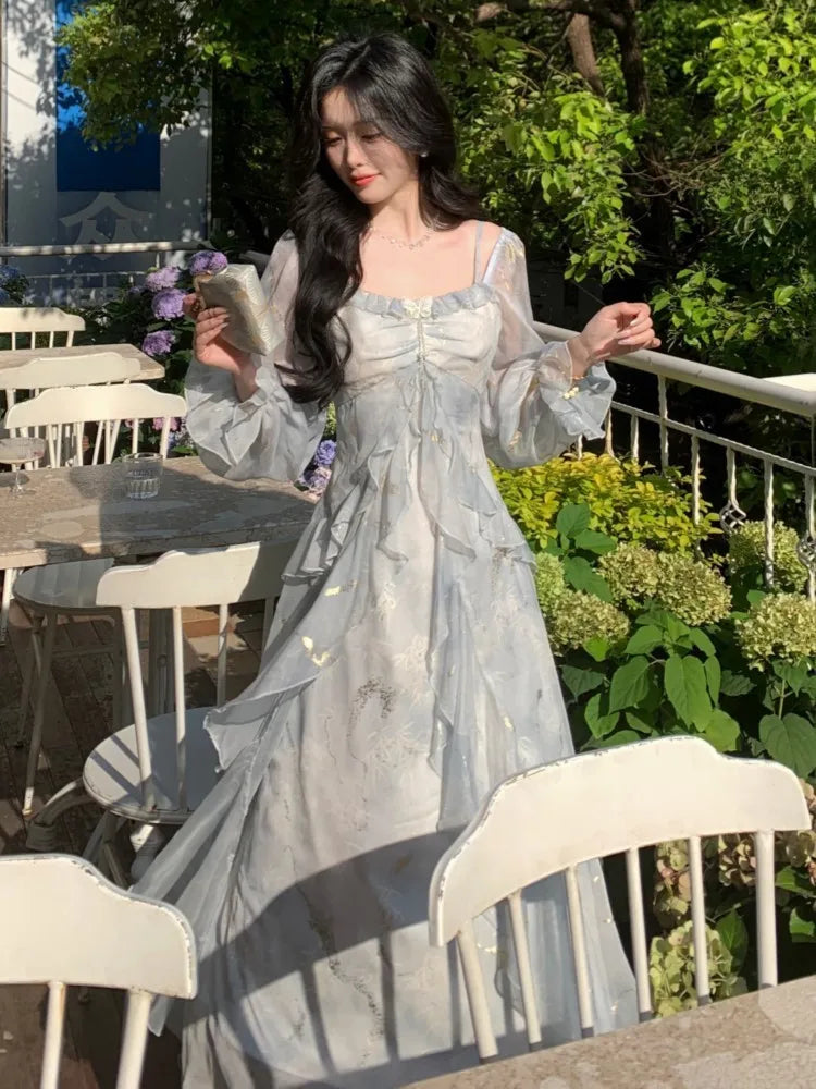 Wjczt Autumn French Print Fairy Long Dresses for Women Elegant Off Shoulder Ruffles A-Line Birthday Party Dress One Piece Vestidos New Tunics Satin smooth