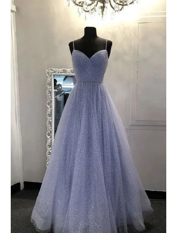 A-Line Prom Dresses Sparkle & Shine Dress Party Dress Birthday Floor Length Sleeveless Spaghetti Strap Tulle with Glitter Crystals Tunics Wedding white
