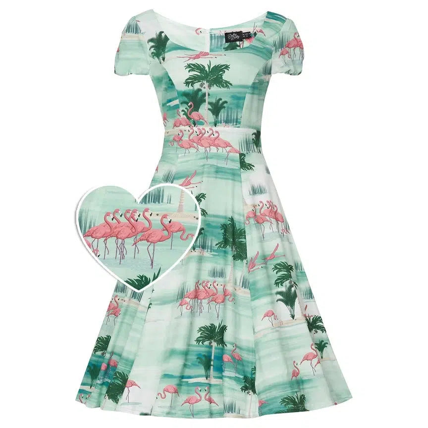 Dolly and Dotty Claudia Fifties Style Dress in Green Island & Pink Flamingo Cowl Neckline Elegant