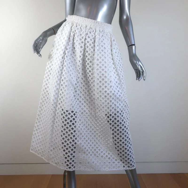 Carven Midi Skirt White Eyelet-Embroidered Cutout Cotton Size 38 lace skirt romantic