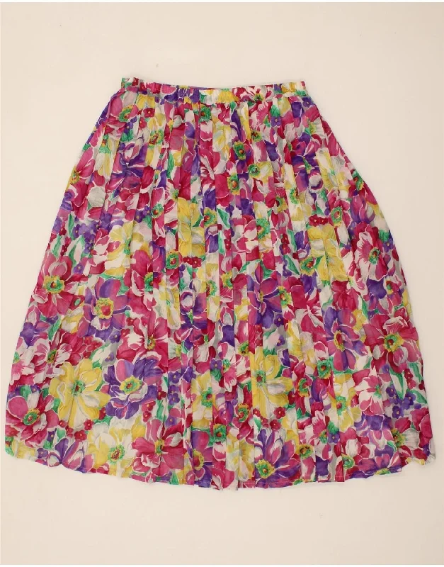 VINTAGE Womens Pleated A-Line Skirt UK 12 Medium W30 Pink Floral Polyester linen skirt natural