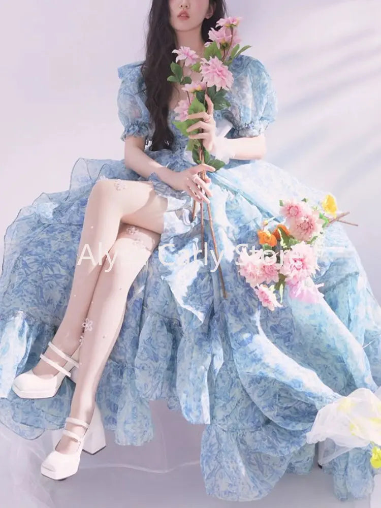 Wjczt Vintage Floral Long Fairy Dress Women 2023 Summer Ruffles Elegant Beach Party Dresses Female Causal Korean Sweet Princess Dress Boatneck Modish Everyday