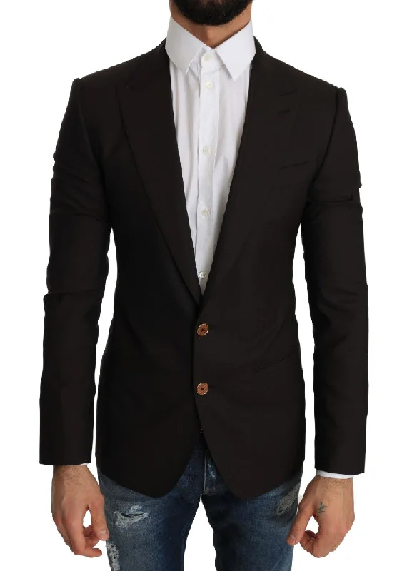 Sleek Slim Brown Virgin Wool Blazer Jacket Zippered Jacket Buttoned Jacket Snapped Jacket