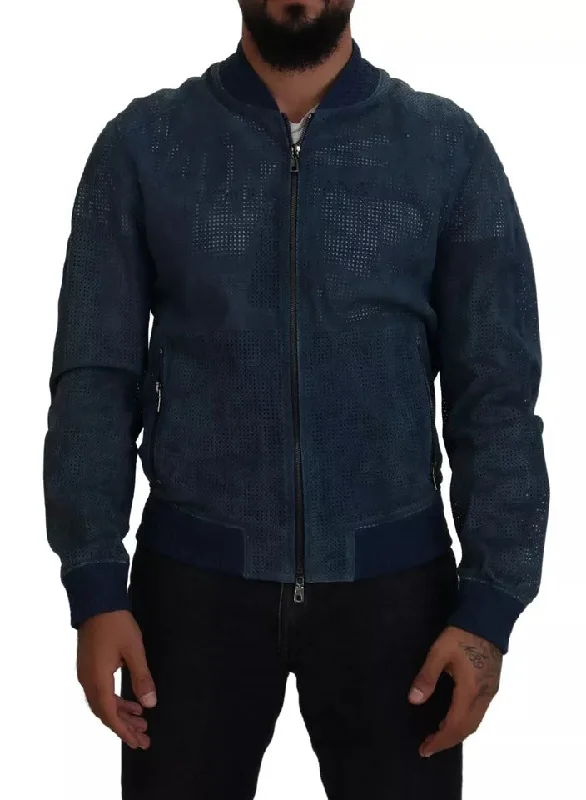 Blue Leather Perforated Full Zip Jacket Trench Coat Raincoat Waterproof Jacket