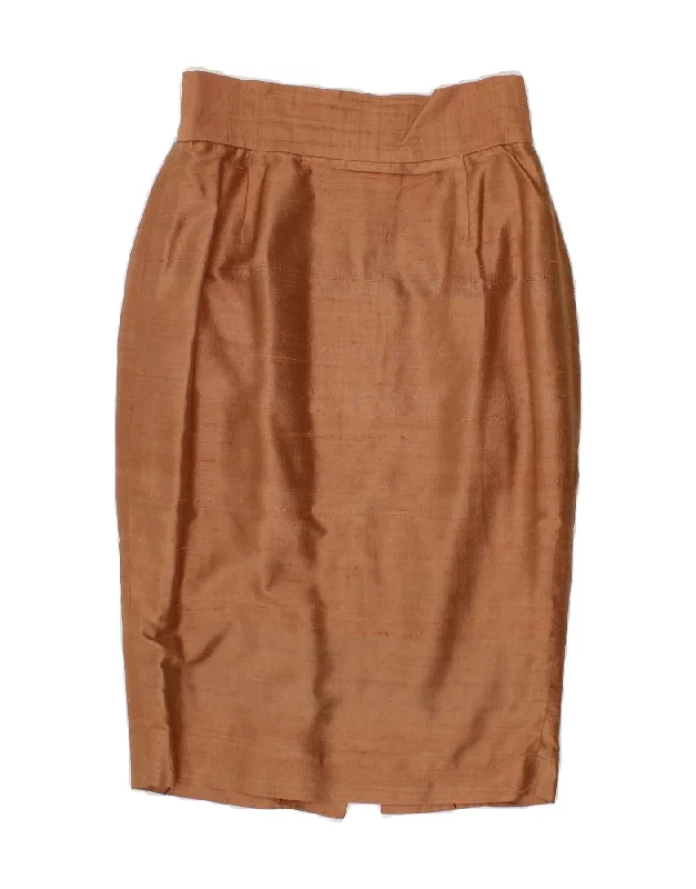 VINTAGE Womens High Waist Pencil Skirt UK 14 Large W32 Brown Silk a-line skirt cut