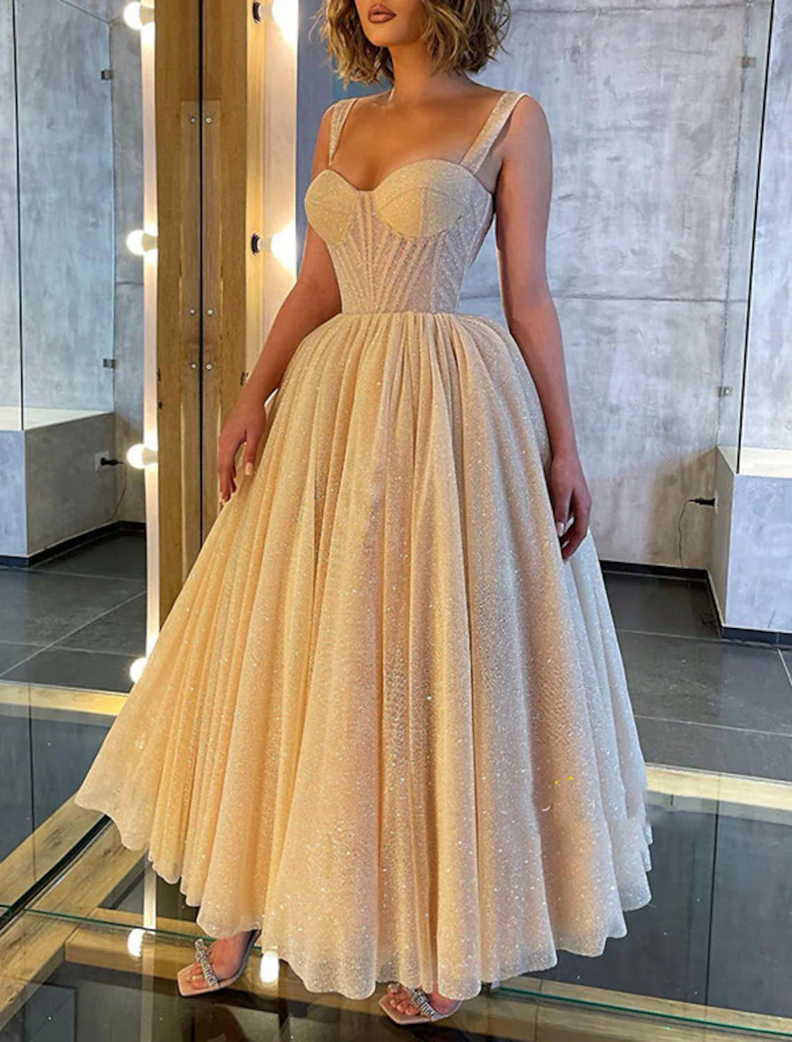 Ball Gown Prom Dresses Corsets Dress Wedding Party Dress Birthday Ankle Length Sleeveless Spaghetti Strap Tulle with Glitter Sequin Tunics Business professional