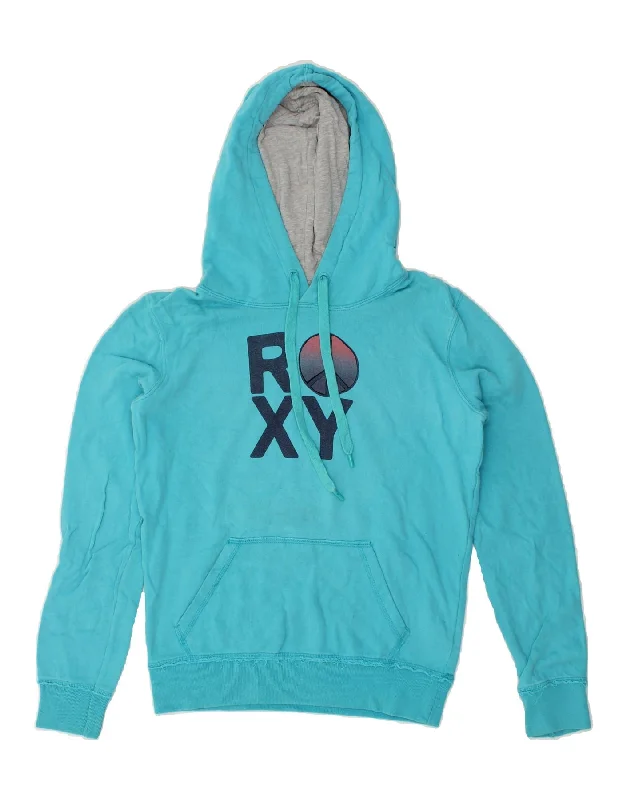 ROXY Womens Oversized Graphic Hoodie Jumper UK 10 Small Blue Cotton Hoodie with Rolled Sleeves Casual Relaxed