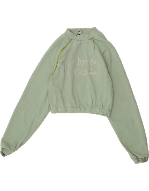 ADIDAS Womens Crop Graphic Sweatshirt Jumper UK 10 Small Green Cotton Hoodie with Ribbed Hem Stretchable Secure ADIDAS Womens Crop Graphic Sweatshirt Jumper UK 10 Small Green Cotton Hoodie with Ribbed Hem Stretchable Secure