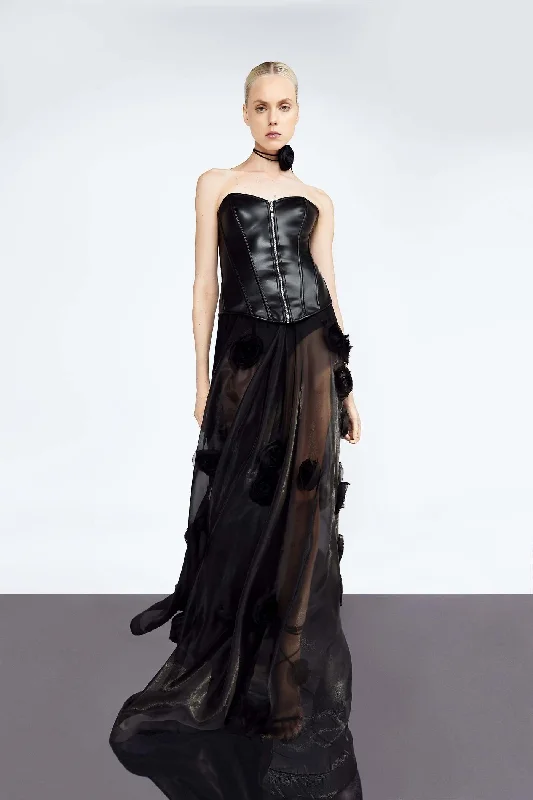 Organza Black Silk Skirt with Giant Silk Flowers cashmere skirt soft