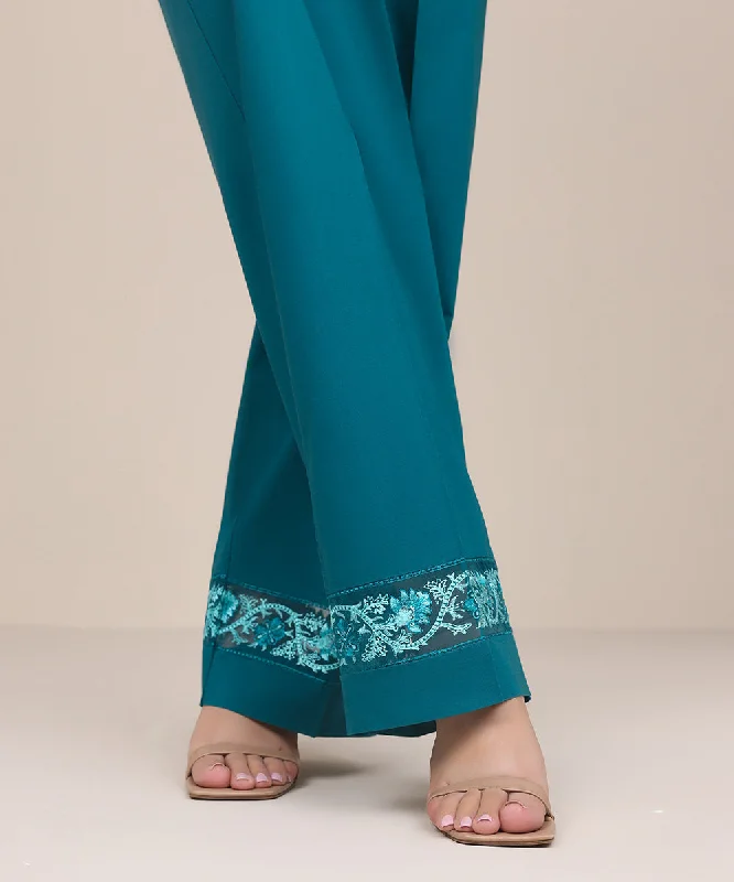 Embroidered Raw Silk Pants Slim Fit Casual Pants
