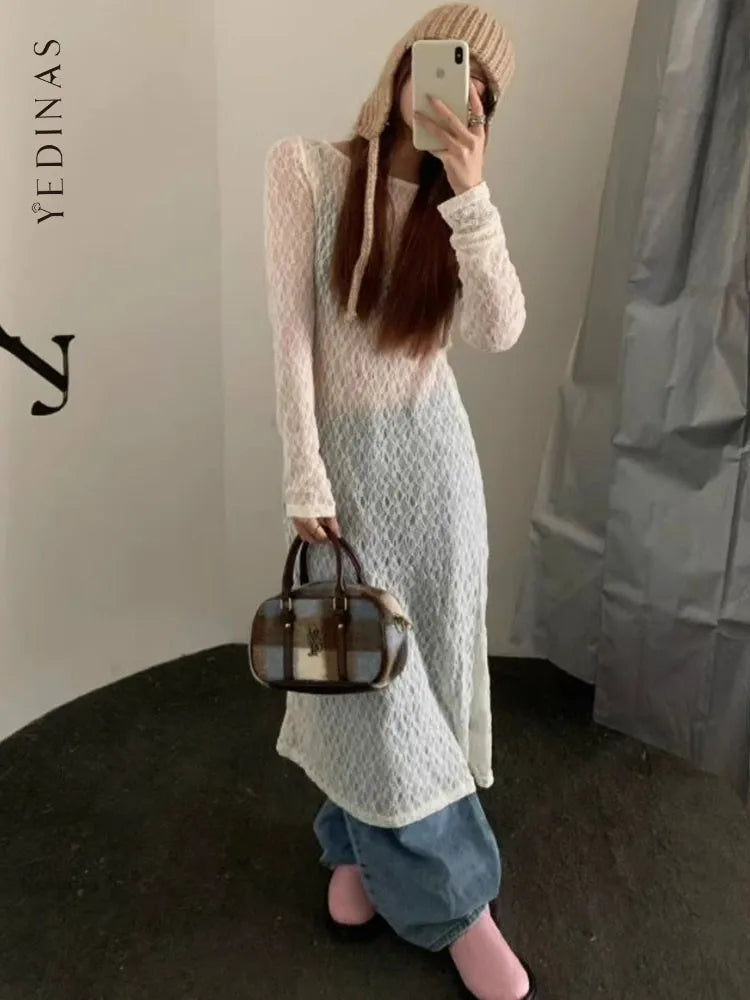 Wjczt Korean Fashion See-through Lace Dress Women Clothing Long Sleeve Streetwear Sheer Spring 2024 Party Dress Chic Vestidos Tunics Recommended stylist