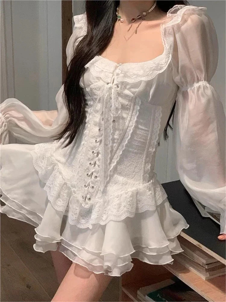 Wjczt Y2K White Short Dresses for Women Long Sleeves Square Collar Lace-up Corset French Vintage Ruffles A-line Party Dress Vestidos Sequined Elegant Party