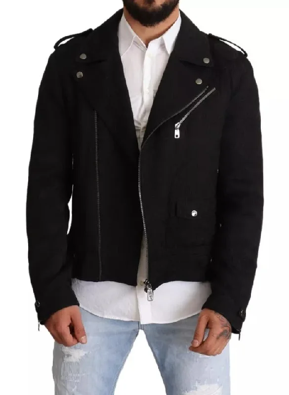 Black Brocade Full Zip Biker Coat Jacket Denim Jacket Leather Jacket Suede Jacket