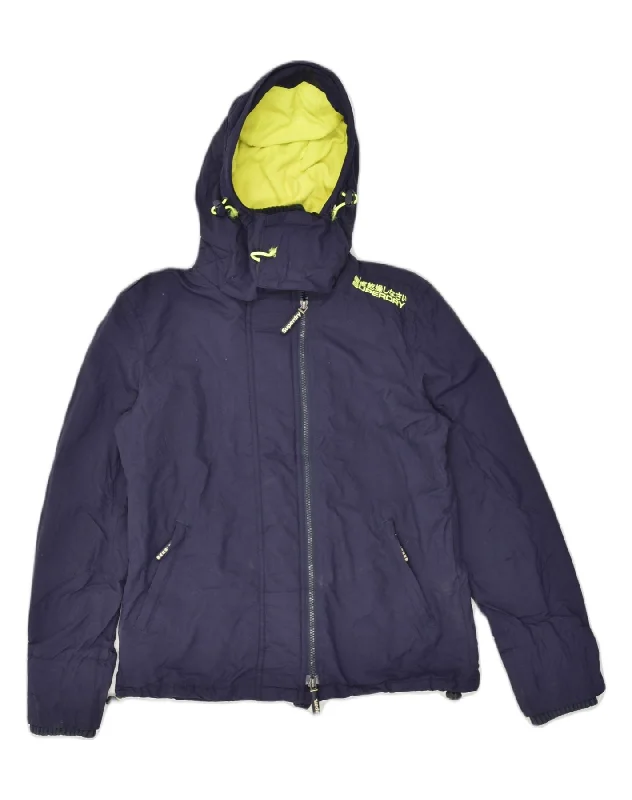 SUPERDRY Womens Hooded Windbreaker Jacket UK 14 Medium Navy Blue Nylon Herringbone Jacket Checkered Jacket Solid Jacket