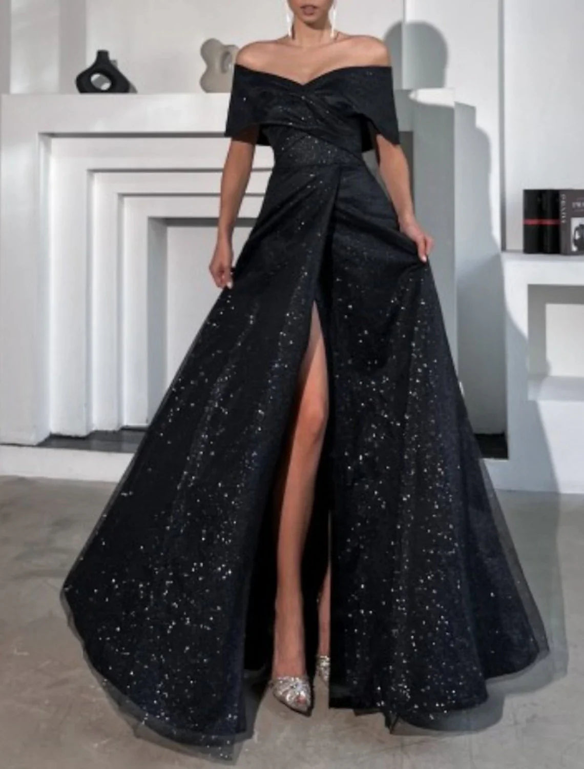 A-Line Evening Gown Party Dress Glittering Dress Wedding Prom Floor Length Sleeveless Off Shoulder Fall Wedding Reception Tulle with Sequin Slit Tunics Office stylish