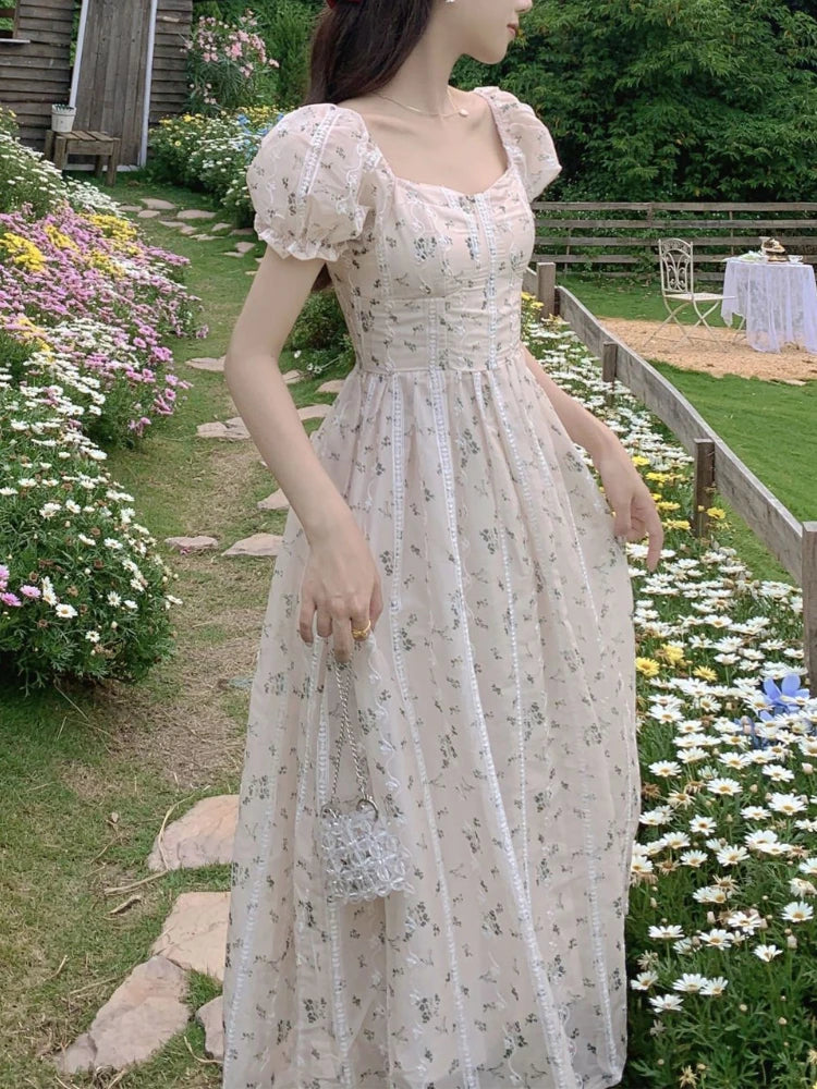 Wjczt Vintage Puff Sleeve Fairy Midi Dress Women Sweet Elegant Korean Style Floral Dress Female 2023 Summer Casual Party Dresses Chic Tunics Cozy soft