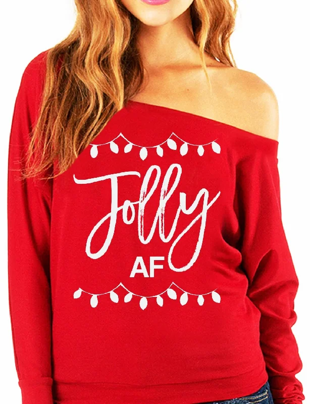 Jolly AF Slouchy Christmas Long Sleeve Off Shoulder Sweatshirt (Available in Red/Black) Hoodie with Contrast Stitching Detailed Premium