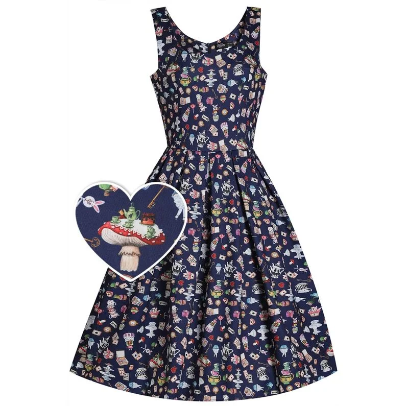 Amanda Swing Dress in Navy Blue with Wonderland Print Shift Classic Vintage