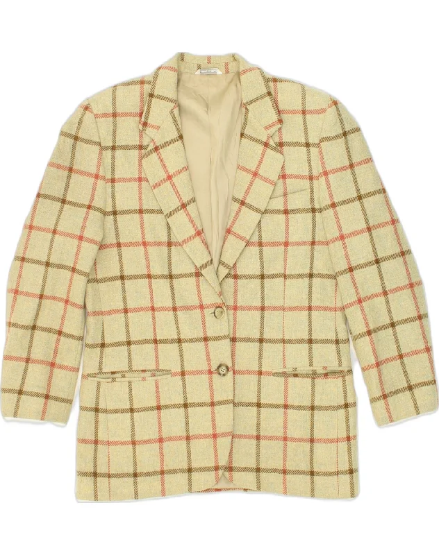 VINTAGE Womens 2 Button Blazer Jacket IT 44 Medium Beige Check Virgin Wool Knit Jacket Woven Jacket Fleece Jacket