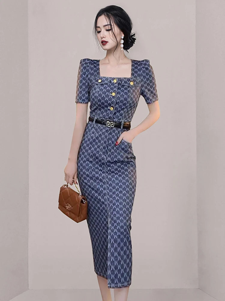 Wjczt Korean Fashion Summer Short Sleeve Split Temperament Square Collar Midi Length Dress Elegant Woman Party Dresses 2023 with Belt Tunics Floral girly