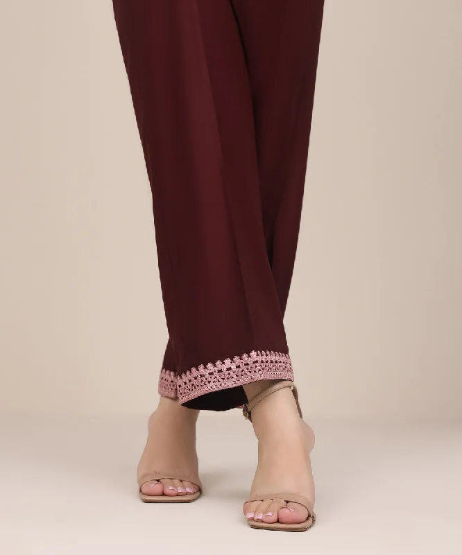 Embroidered Bedford Straight Pants Elegant Wool Trousers