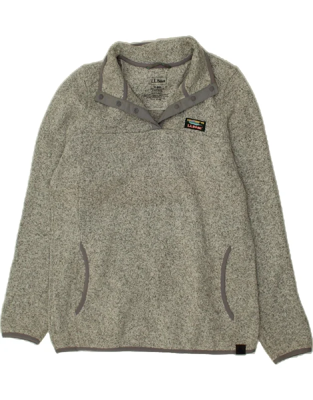 L.L.BEAN Womens Button Neck Sweatshirt Jumper UK 14 Medium Grey Polyester Hoodie with Print Artistic Unique