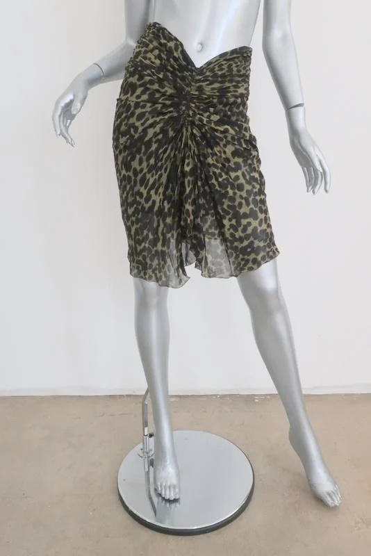 Isabel Marant Etoile Skirt Coleen Olive Ruched Leopard Print Crepe Size 36 pleated skirt texture