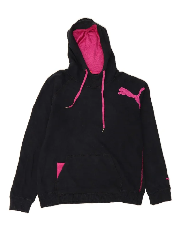 PUMA Womens Graphic Hoodie Jumper UK 12 Medium Navy Blue Cotton Hoodie with Monochrome Minimalist Simple