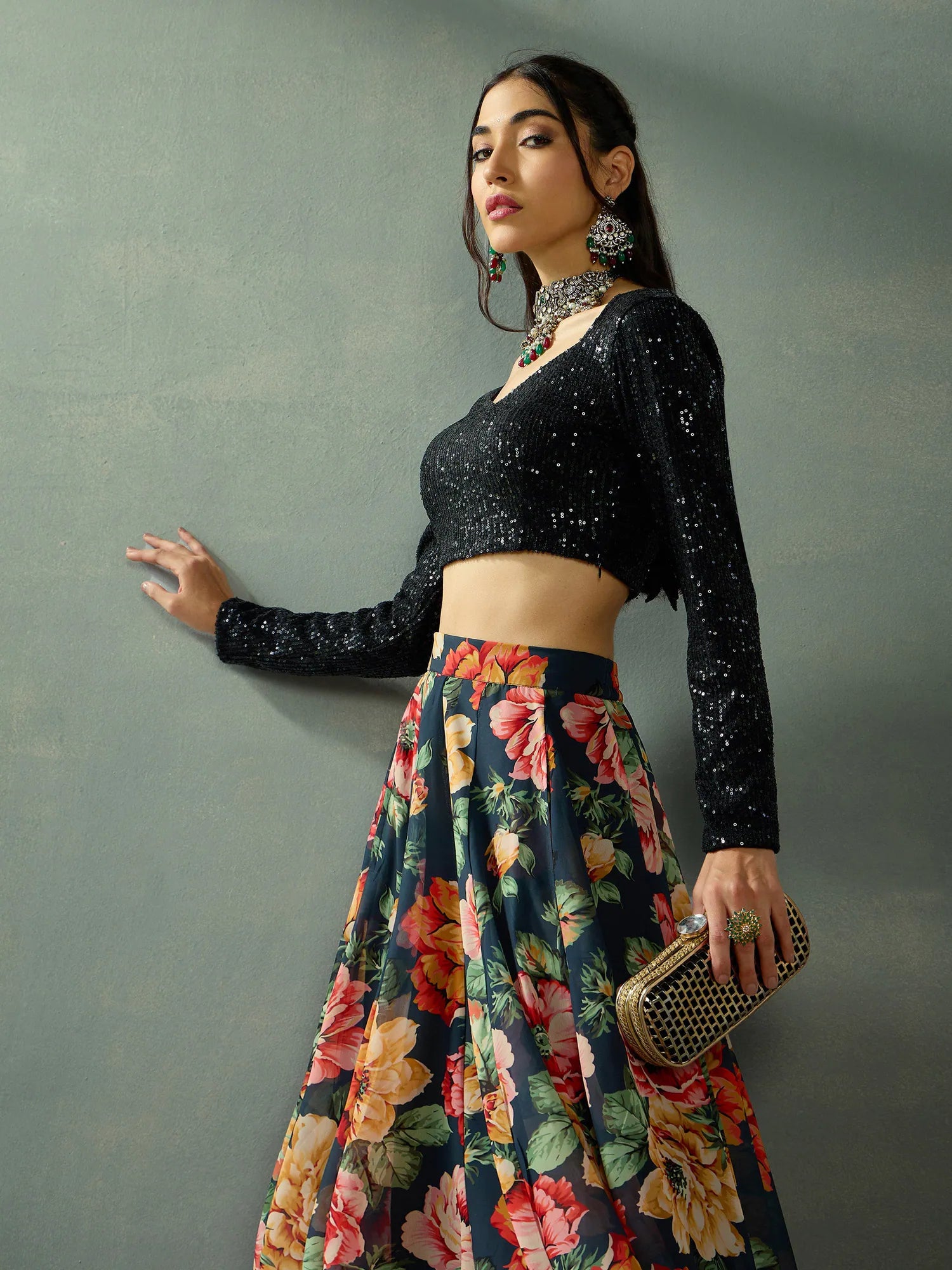 Women Black Sequence Blouse With Anarkali Skirt-SHSET96060 linen skirt relaxed