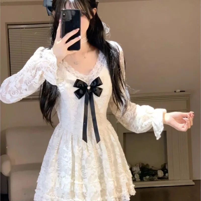 Wjczt Elegant Lace Mini Dresses Women V-neck Long Sleeve Ruffles A-line Autumn New Sweet Korean Fashion Party Dress Female Vestidos Crew Neckline Sporty
