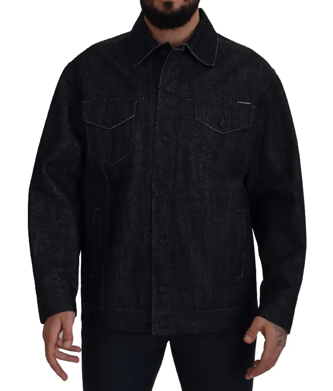 Elegant Black Denim Jacket Tiered Jacket Buttoned Jacket Zippered Jacket