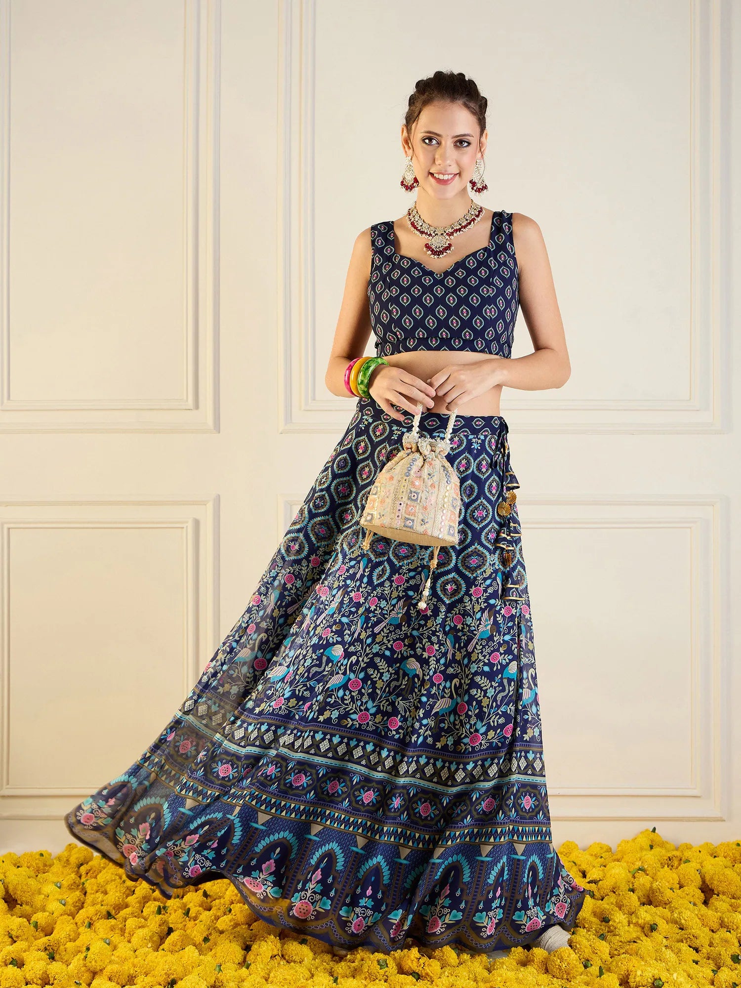 Women Navy Floral Anarkali Skirt With Dori Crop Top-SHSET95945 leather skirt durable