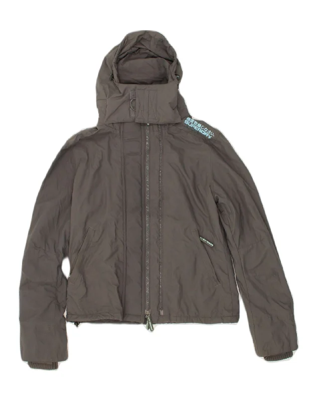 SUPERDRY Womens The Windcheater Hooded Rain Jacket UK 10 Small Grey Nylon Notch Collar Peter Pan Collar Cowl Neck