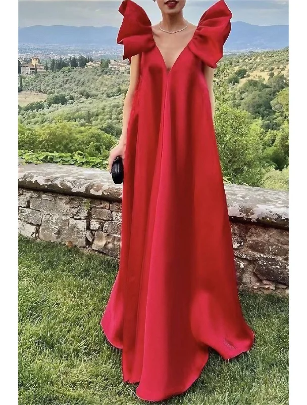 A-Line Evening Gown Party Dress Red Green Dress Formal Wedding Sweep / Brush Train Sleeveless V Neck Charmeuse with Pleat Tunics Sale discount