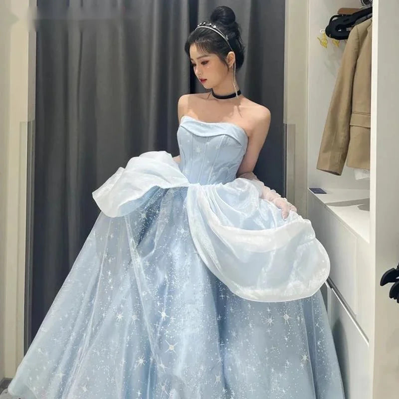 Wjczt Blue Prom Dress Engagement Jacquard Dress France Vintage Sweet Korean Princess Fairy Dress Evening Party Dress Tunics Velvet soft