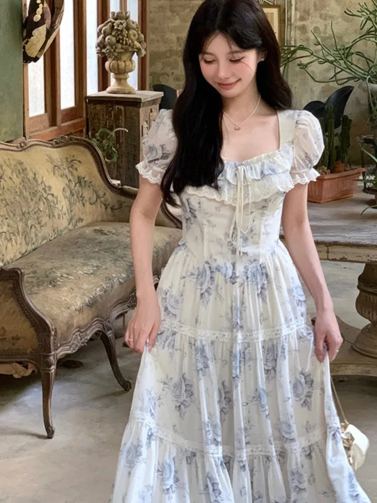 Wjczt French Vintage Chiffon Floral Midi Dresses for Women Ruffles A-line Birthday Party Dress Elegant Prom Robe Summer New Vestidos Glittery Long Formal