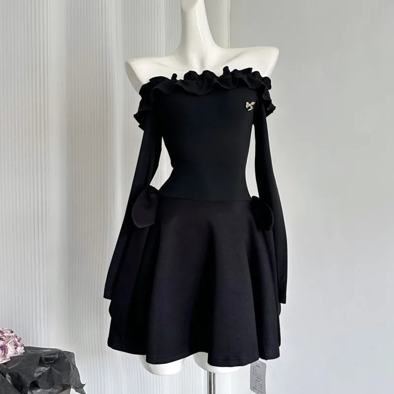 Wjczt Elegant Slash Neck Ruffles Mini Dresses Women Long Sleeve A-line Evening Party Dress Korean Fashion Y2K Short Vestidos New Boat Neckline Classic