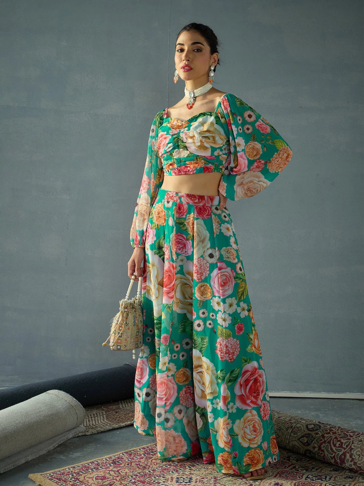 Women Green Floral Ruching Top With Anarkali Skirt-SHSET96051 corduroy skirt comfortable
