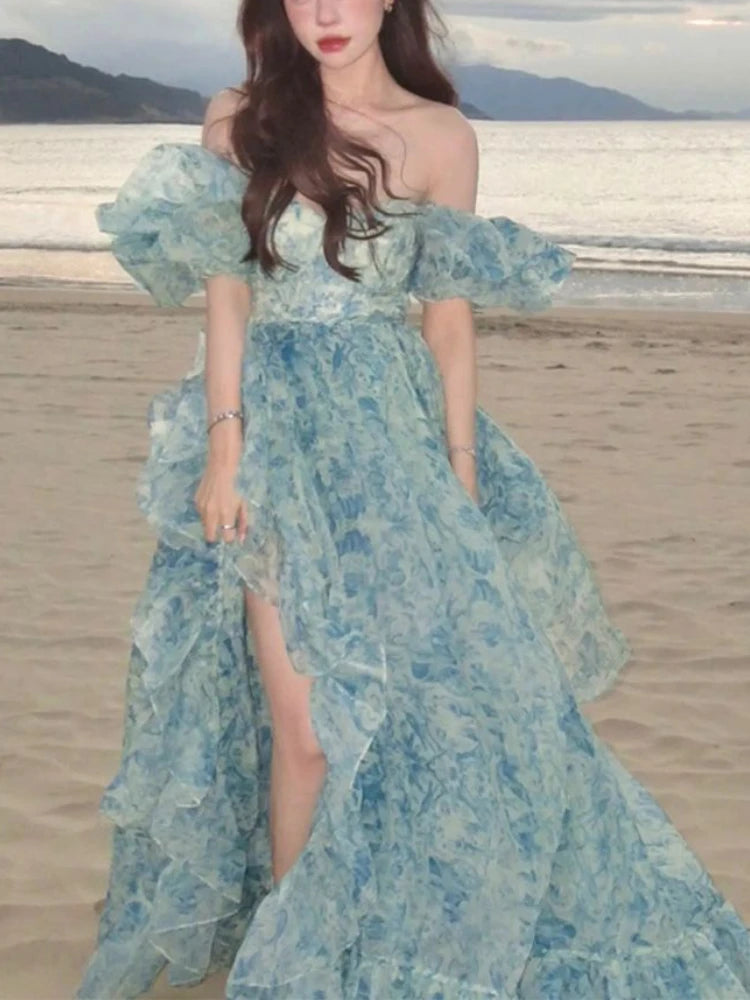 Wjczt 2024 Summer Vintage Fairy Floral Dress Women Casual Princess Long Split Dress Female Elegant Korean Evening Party Dress Ruffles Boat Neckline Classic