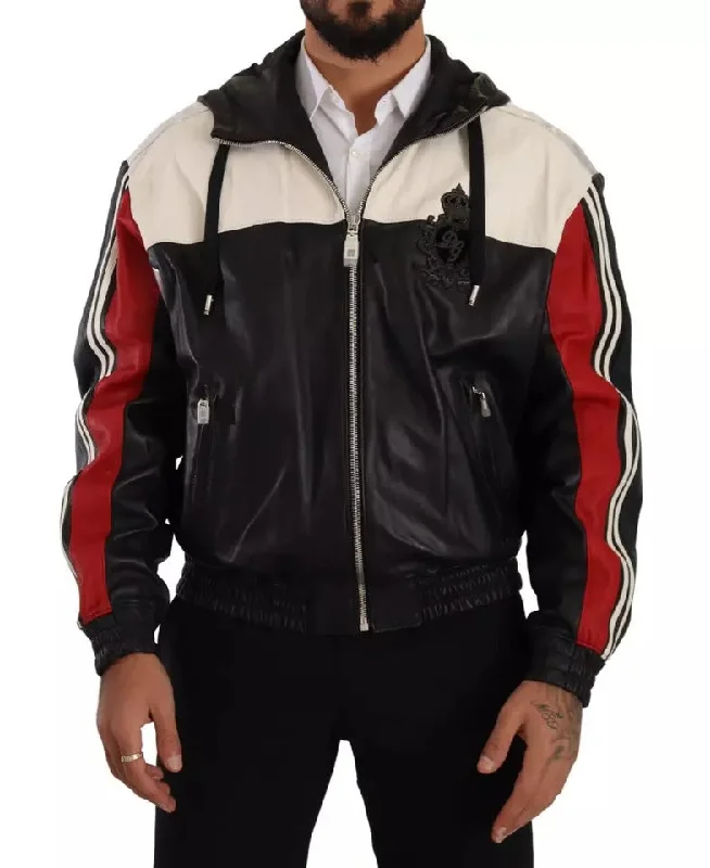 Black Leather Hooded Blouson Jacket Chenille Fabric Brocade Fabric Lace Fabric