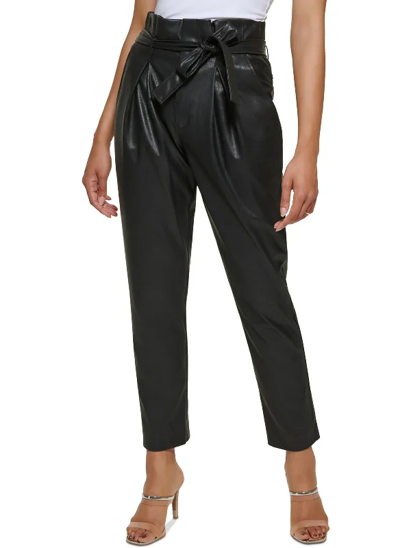 Womens Faux-Leather High-Rise Ankle Pants Casual Drawstring Pants