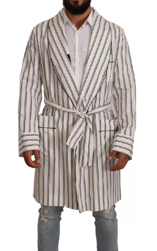 White Striped Cotton Robe Coat Wrap Jacket Wool Fabric Cashmere Fabric Tweed Fabric