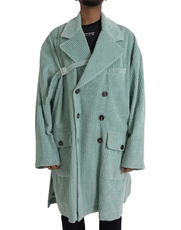 Blue Double Breasted Corduroy Cotton Jacket Hooded Jacket Caped Jacket Shawl Collar Jacket