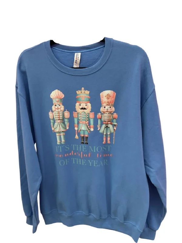 Women's Frosty Nutcracker Sweatshirt In Blue Hoodie with Button Classic Timeless