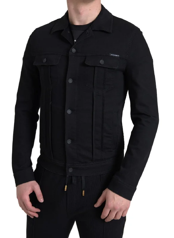 Elegant Black Denim Logo Jacket Front Pockets Side Pockets Patch Pockets
