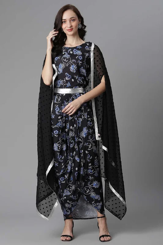 Black Crepe Digital Print Top Skirt With Shrug wrap skirt elegant