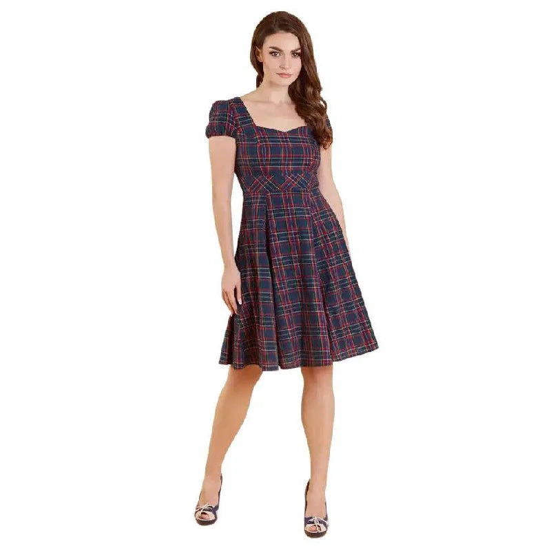 Claudia Navy Tartan Swing Dress Tunics stripes playful