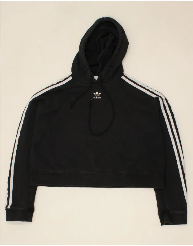 ADIDAS Womens Crop Hoodie Jumper UK 12 Medium Black Cotton Hoodie Crop Top Short Trendy