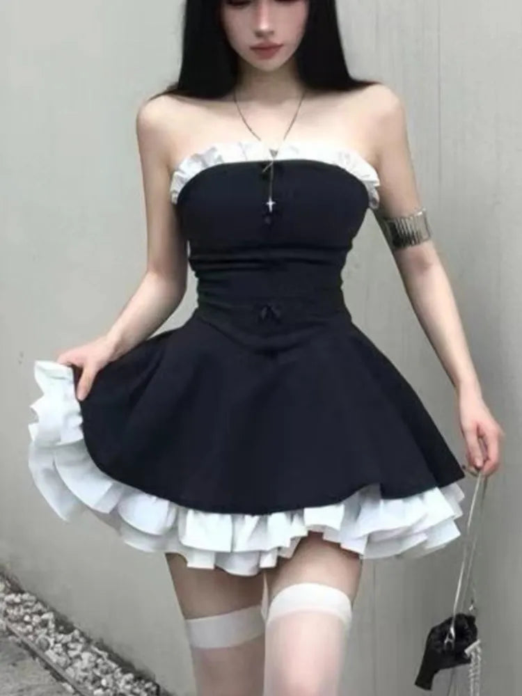 Wjczt Y2K Birthday Party Dress Strapless Patchwork Ruffles A-line Short Dresses for Women French Ball Gown One Piece Vestido Mujer Chiffon Maxi Beach